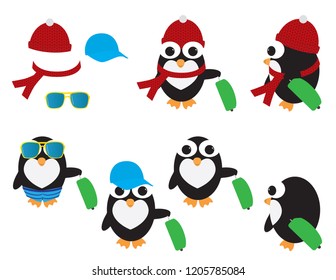 Cute Penguings with Green suitcases dressed for the winter and the summer