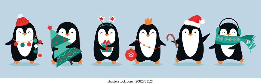 Cute penguins 2022. Christmas penguins on light blue background. Vector