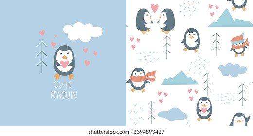 Cute penguins of Antarctica seamless pattern. Funny baby characters background and postcard. Hand drawn northern birds among the ice floes and the ocean. Print for kid textiles, wallpaper, packaging