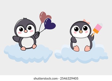 Cute Penguins with Balloons and Ice Cream on Clouds