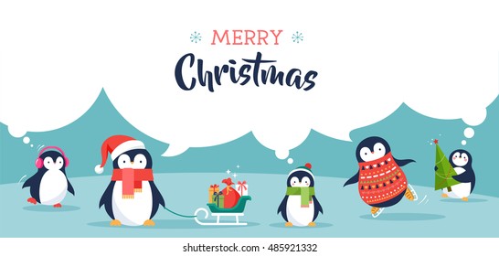 Cute penguins banner - Merry Christmas greetings