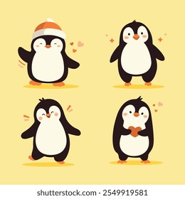 Cute penguins cartoon icons set. Wild nature little penguin vector illustration isolated on yellow background.