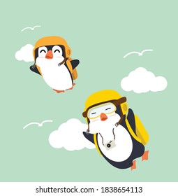 cute penguins cartoon vector on sky