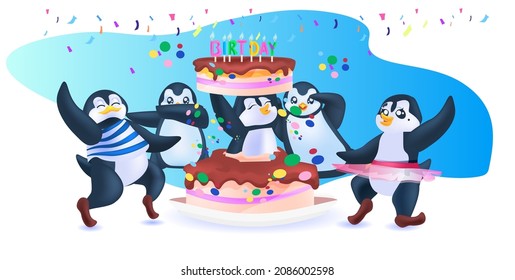 cute penguins celebrating birthday party antarctic birds having fun full length horizontal