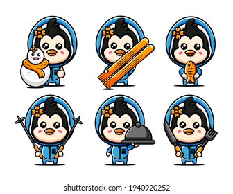 cute penguins character design set themed pole life