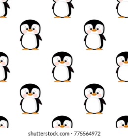 Cute penguins characters isolated on white background. Baby penguins seamless pattern.