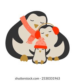 Lindos pingüinos con polluelo. Lindos pingüinos de dibujos animados en ropa de invierno. Familia de pingüinos