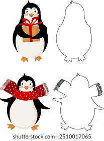 Cute penguins with Christmas attributes: a big gift and a red scarf. A template for the game find the shadow, or repeat the picture.