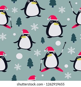 Cute penguins in christmas day-seamless pattern Vector