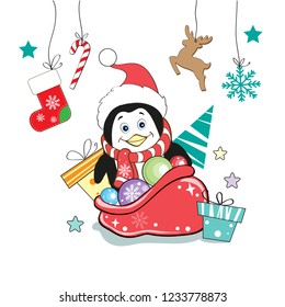 cute penguins and christmas elements on a white background