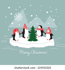 cute penguins and christmas tree  