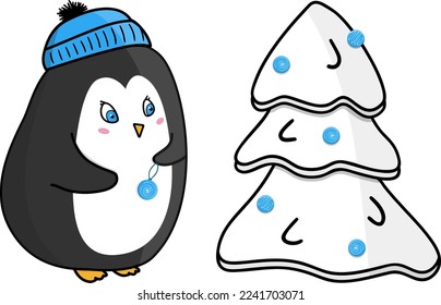 cute penguins with Christmas tree