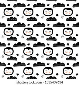 Cute penguins and clouds seamless pattern in scandinavian style. Sketch for wrapping paper, texture.