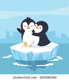 Cute penguins couple with blue ice floe