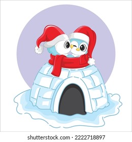 Cute penguins couple illustrated in igloo