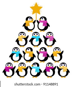 Cute Penguins Creating Christmas Tree Isolated On White