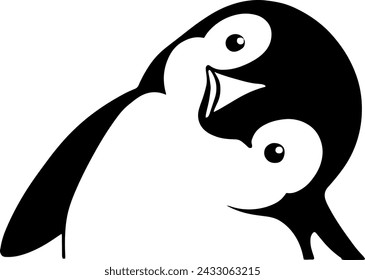 Cute Penguins Curious Look Black and White Illustration