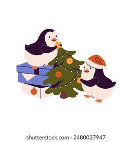 Cute penguins decorate Christmas tree together. North baby animals prepare for New Year. Polar birds friends rejoice at Xmas, winter holidays. Flat isolated vector illustration on white background