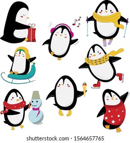 Cute penguins with different expressions vector. Penguin cartoon illustration. 
