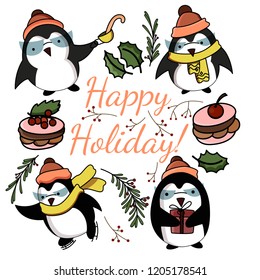 Cute penguins in different poses in doodle style. Skating and holding a present penguin.