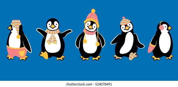 Cute Penguins Dressed Up for Winter Vector Illustration