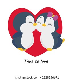 Cute penguins fall in love illustration. Time to love vector. The red heart