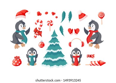 Cute penguins family and items icon set isolated on white background. Cold winter collection of holiday symbols flat design. Cartoon style antarctic birds vector illustration