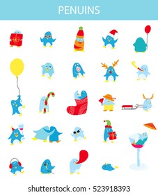 Cute penguins flat vector illustration set for Christmas holiday, New Year card, Party invitation