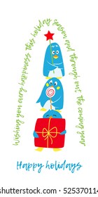 Cute penguins flat vector illustration for Christmas holiday, New Year card, Party invitation
