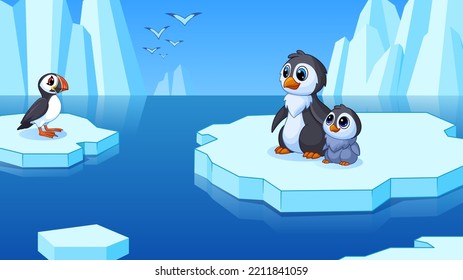 Cute penguins float on ice in ocean. Winter landscape, South Pole and iced rocks. Wild birds floating in water, vector childish cartoon book illustration or game landscape