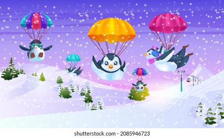 pingüinos lindos volando en paracaídas aves antárticas teniendo divertido paisaje de nevadas