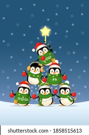 Cute penguins form a Christmas tree shape - winter landscape