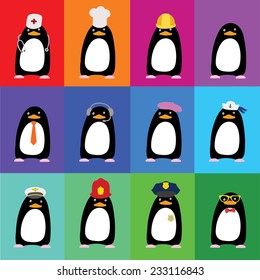Cute penguins in the form of various professions