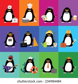 Cute penguins in the form of various professions