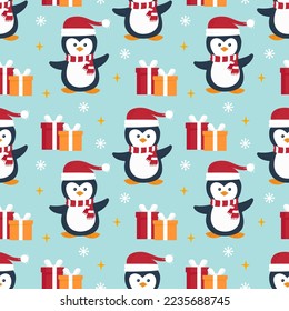 Pingüinos y cajas de regalo. Patrón de Navidad. Patrón sin foco. Se puede usar para relleno de fondo de página web, textura de superficie