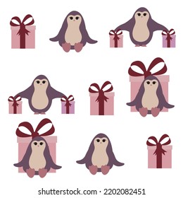 Cute penguins with gifts.. Vector illustration.