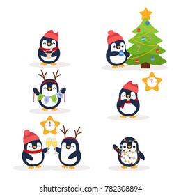 Cute penguins. Great Christmas set penguin. Penguin decorating the tree. Penguins welcome in the New year and Christmas. Set. Postcard for the New year and Christmas. Vector images in cartoon style