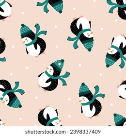 Cute penguins in green hat and scarf hand drawn vector illustration. Funny Christmas birds in flat style seamless pattern for kids fabric or wallpaper.