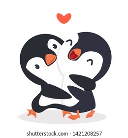 Cute  Penguins happy Couple hug 