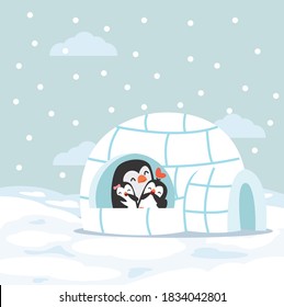 Cute Penguins happy hug baby with Igloo ice house in winter