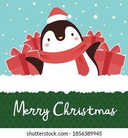 Cute Penguins with happy new year illustration, Merry christmas card  with hand drawn letters, snow globe winter vector illustration, christmas card