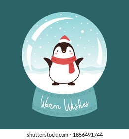 Pingüinos cortos con feliz ilustración de año nuevo, tarjeta navideña con letras dibujadas a mano, ilustración vectorial de invierno del globo de nieve, tarjeta navideña