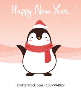 Cute Penguins with happy new year illustration, Merry christmas card  with hand drawn letters, snow globe winter vector illustration, christmas card