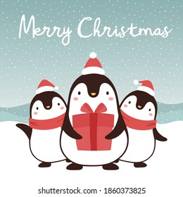 Cute Penguins with happy new year illustration, Merry christmas card  with hand drawn letters, snow globe winter vector illustration, christmas card