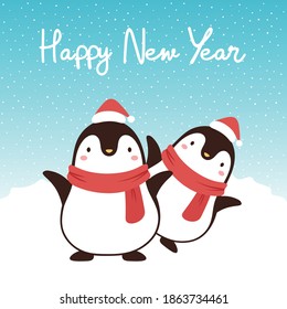 Cute Penguins with happy new year illustration, Merry christmas card  with hand drawn letters, snow globe winter vector illustration, christmas card