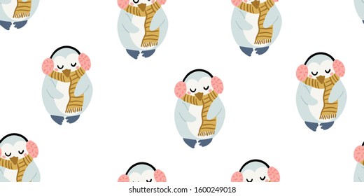 Cute penguins with headphones seamless pattern in minimalistic scandinavian style on white. Penguin character doodle. Winter kids seamless pattern