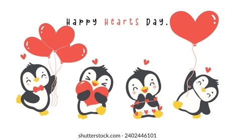 Cute penguins with heart cartoon drawing, Kawaii Valentine animal character illustration banner.