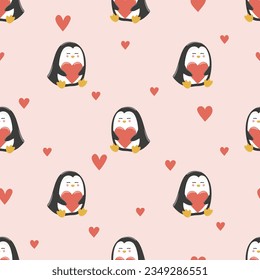 Pingüinos con corazones sin costuras. Diseño de papel de envoltura de San Valentín. Impresión de bebé