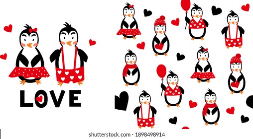 Cute penguins with hearts. Set of vector seamless patterns and illustrations. Valentine's day print. Vector hand drawn childish illustration.