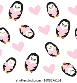 Cute penguins hold a heart on a white background seamless pattern. Valentines Day Vector illustration with romantic animals isolated